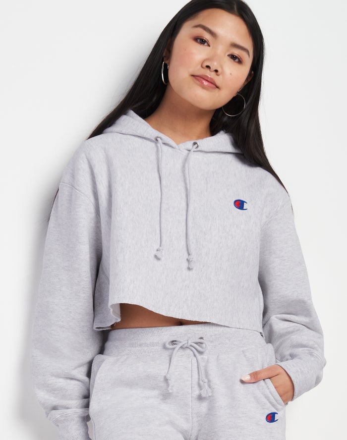 Champion Womens Hoodie NZ - Reverse Weave Cropped Cut-Off C Logo Grey ( 7391-JLXWR )